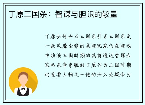 丁原三国杀:智谋与胆识的较量